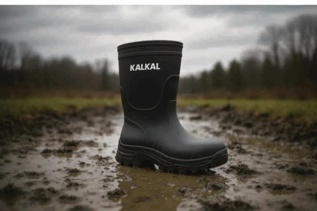Bota de trabajo impermeable Kalkal de caucho negro, sobre terreno lodoso, con suela antideslizante y diseño de caña media para condiciones húmedas extremas.