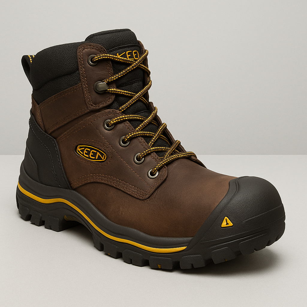 Bota de trabajo KEEN Utility Pittsburgh con punta de acero, cuero marrón oscuro y detalles en negro y amarillo, sobre fondo neutro.