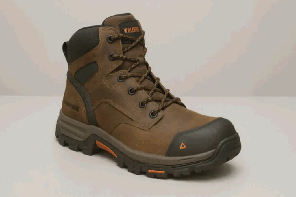 Bota de trabajo Wolverine Overpass de 6 pulgadas con punta compuesta, en cuero marrón con refuerzos negros y detalles en naranja, diseñada para trabajos exigente