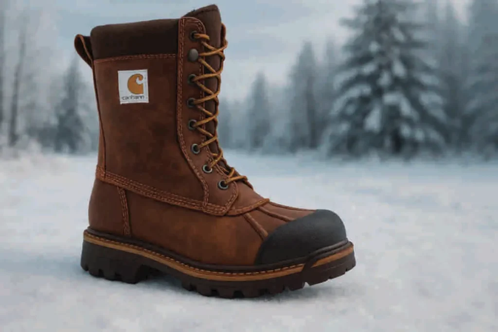 Bota Carhartt impermeable de invierno color marrón, sobre nieve, con diseño térmico de caña alta y suela robusta, ideal para climas fríos y húmedos