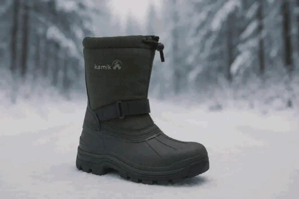 Bota de invierno Kamik Icebreaker negra con caña alta de tela verde, sobre un sendero nevado rodeado de árboles cubiertos de nieve.
