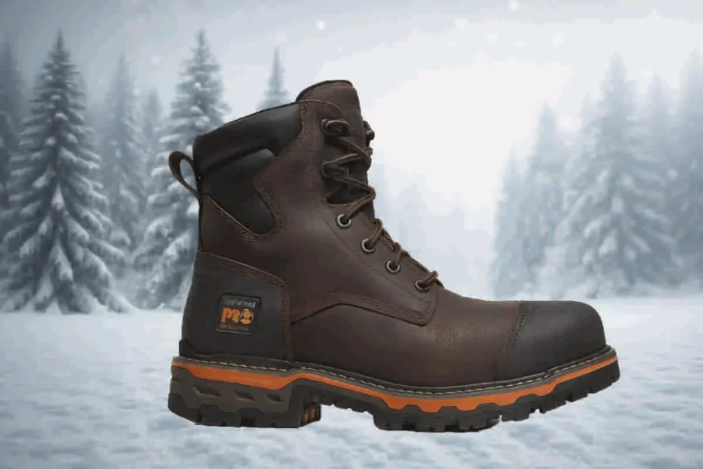 Bota Timberland PRO Boondock de 6 pulgadas en cuero marrón oscuro, con suela negra y naranja, puntera reforzada y costuras visibles sobre fondo blanco