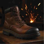 Bota de trabajo de cuero diseñada para soldadores, sobre superficie metálica con chispas de fondo, mostrando su diseño resistente al calor y la suela reforzada.