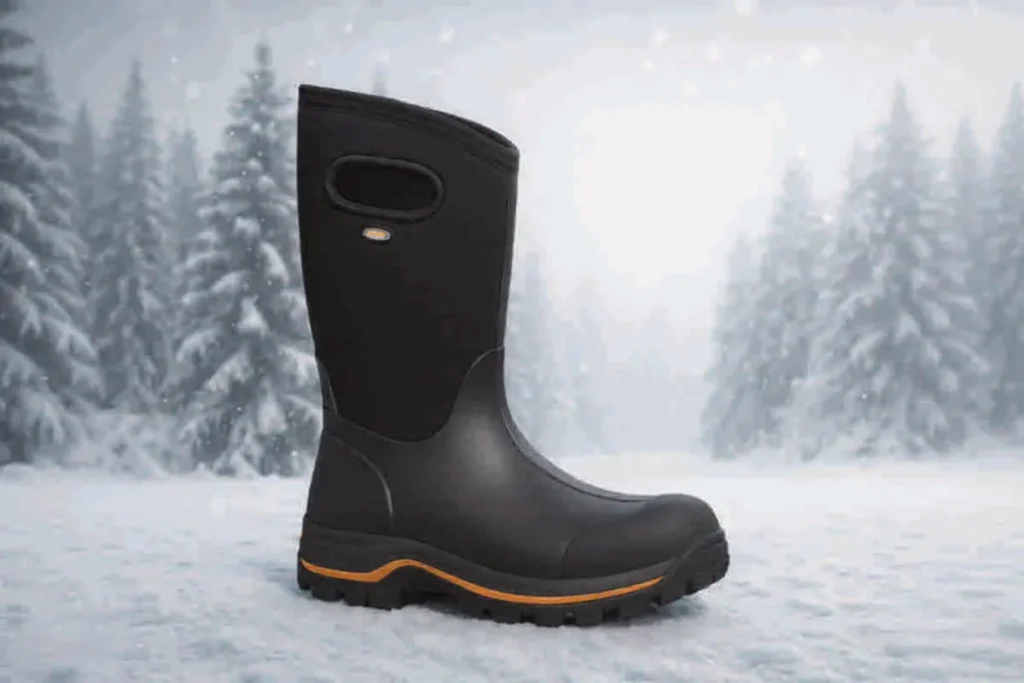 Bota Bogs Classic High impermeable de neopreno y goma negra, sobre nieve con fondo invernal, diseño de caña alta y detalles naranjas en la suela.