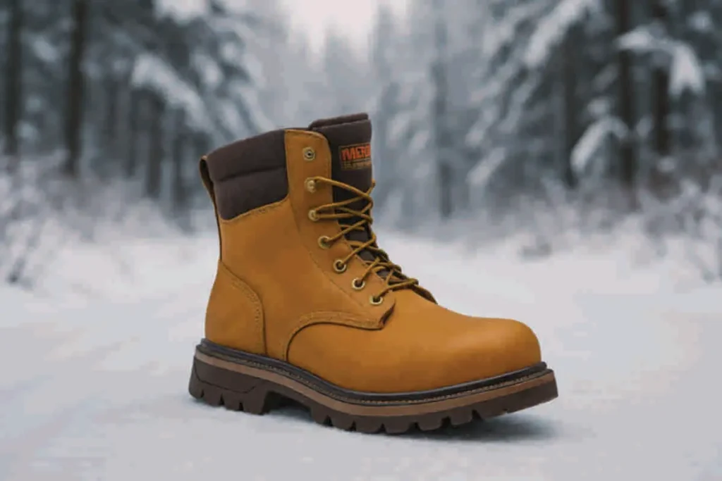 Bota de trabajo térmica de cuero color dorado sobre camino nevado, con acolchado grueso y costuras resistentes, ideal para invierno extremo.