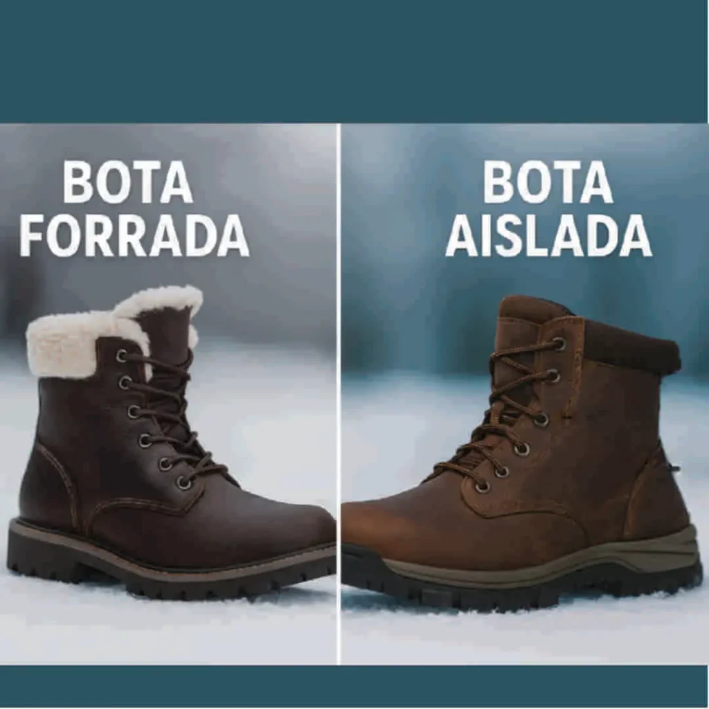 Comparación entre bota forrada con forro visible y bota aislada con capas térmicas internas, ambas sobre nieve en ambiente invernal dividido en pantalla.