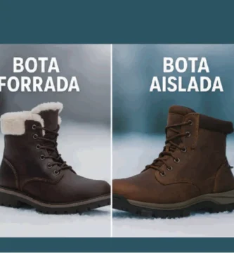 Comparación entre bota forrada con forro visible y bota aislada con capas térmicas internas, ambas sobre nieve en ambiente invernal dividido en pantalla.
