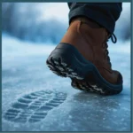 Bota de trabajo invernal pisando sobre hielo, dejando huella profunda marcada en la superficie congelada, con fondo nevado desenfocado.