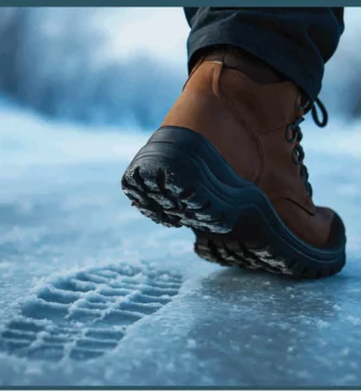 Bota de trabajo invernal pisando sobre hielo, dejando huella profunda marcada en la superficie congelada, con fondo nevado desenfocado.