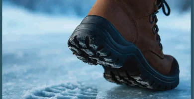 Bota de trabajo invernal pisando sobre hielo, dejando huella profunda marcada en la superficie congelada, con fondo nevado desenfocado.
