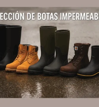 Selección de botas impermeables de trabajo sobre superficie mojada