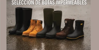 Selección de botas impermeables de trabajo sobre superficie mojada