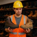Trabajador de construcción confundido sosteniendo dos botas distintas en una tienda, una nueva y otra desgastada, con estanterías llenas de calzado de seguridad al fondo.