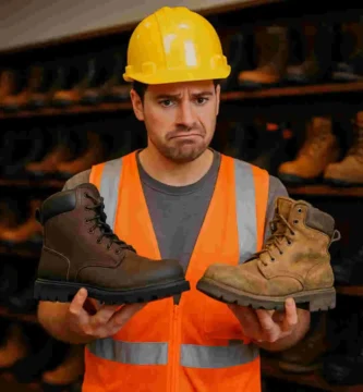 Trabajador de construcción confundido sosteniendo dos botas distintas en una tienda, una nueva y otra desgastada, con estanterías llenas de calzado de seguridad al fondo.