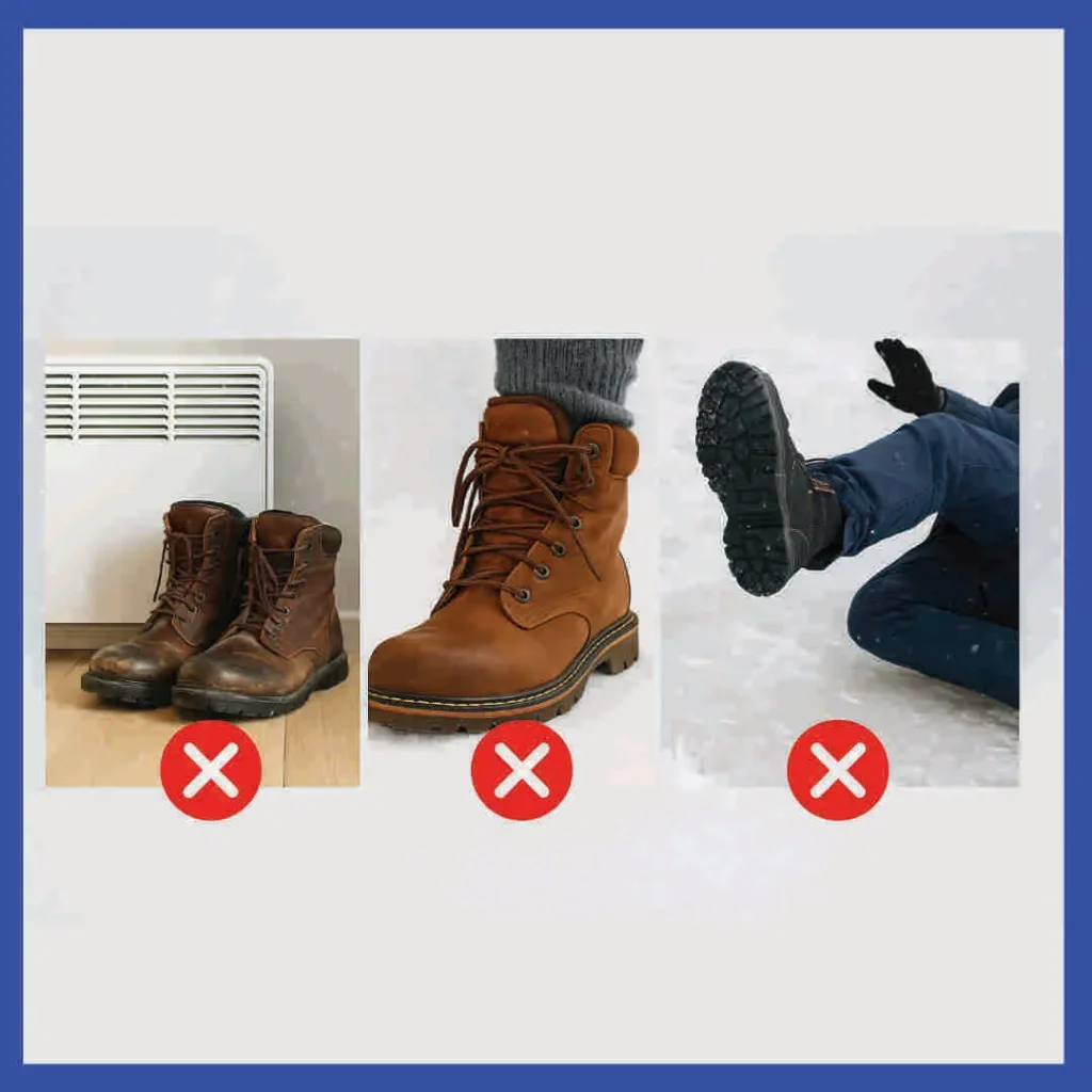 Collage que muestra errores comunes con botas de invierno: botas mojadas secándose mal, botas ajustadas con calcetines gruesos y caída por falta de tracción, todo sobre fondo nevado.