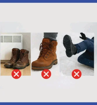 Collage que muestra errores comunes con botas de invierno: botas mojadas secándose mal, botas ajustadas con calcetines gruesos y caída por falta de tracción, todo sobre fondo nevado.