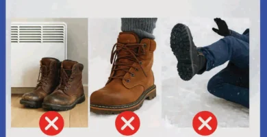 Collage que muestra errores comunes con botas de invierno: botas mojadas secándose mal, botas ajustadas con calcetines gruesos y caída por falta de tracción, todo sobre fondo nevado.