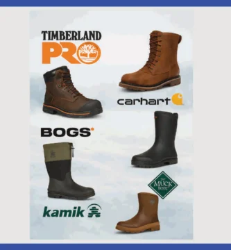 Photo collage of logos and product shots from Timberland PRO, Carhartt, Bogs, Kamik, and Muck Boot, each paired with their best winter boot model on snowy background with soft shadows.