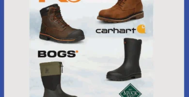 Photo collage of logos and product shots from Timberland PRO, Carhartt, Bogs, Kamik, and Muck Boot, each paired with their best winter boot model on snowy background with soft shadows.