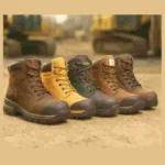 Cinco botas de trabajo alineadas sobre suelo de construcción, cada una con diferentes colores y tipos de punta, con maquinaria industrial desenfocada al fondo.
