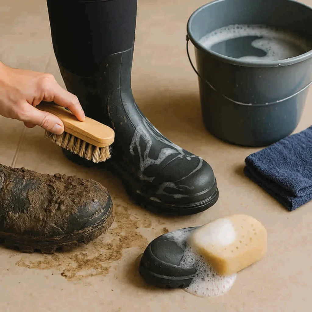 Persona limpiando una bota impermeable cubierta de barro con cepillo, mientras otra bota está parcialmente lavada; balde con agua jabonosa y esponja al lado sobre el suelo.