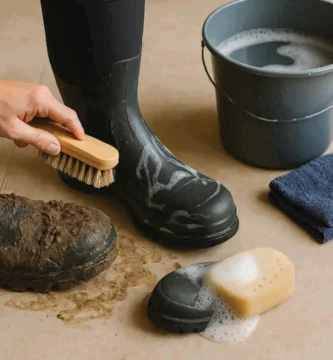 Persona limpiando una bota impermeable cubierta de barro con cepillo, mientras otra bota está parcialmente lavada; balde con agua jabonosa y esponja al lado sobre el suelo.