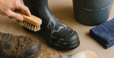 Persona limpiando una bota impermeable cubierta de barro con cepillo, mientras otra bota está parcialmente lavada; balde con agua jabonosa y esponja al lado sobre el suelo.