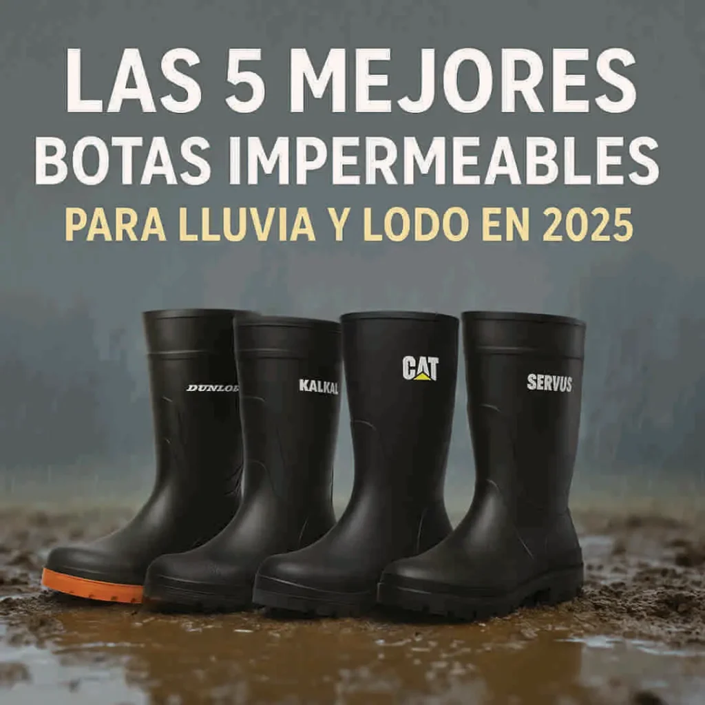 Diseño con cinco botas impermeables alineadas sobre barro, bajo lluvia, con texto “Las 5 mejores botas impermeables para lluvia y lodo en 2025