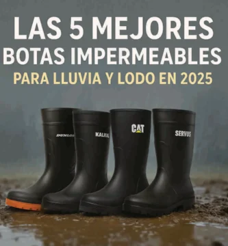 Diseño con cinco botas impermeables alineadas sobre barro, bajo lluvia, con texto “Las 5 mejores botas impermeables para lluvia y lodo en 2025