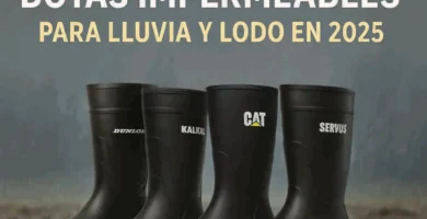 Diseño con cinco botas impermeables alineadas sobre barro, bajo lluvia, con texto “Las 5 mejores botas impermeables para lluvia y lodo en 2025