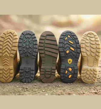 Suelas de cinco botas de trabajo diferentes alineadas, mostrando sus dibujos y funciones: antideslizante, dieléctrica, resistente al calor, antiperforación y de absorción de impactos.